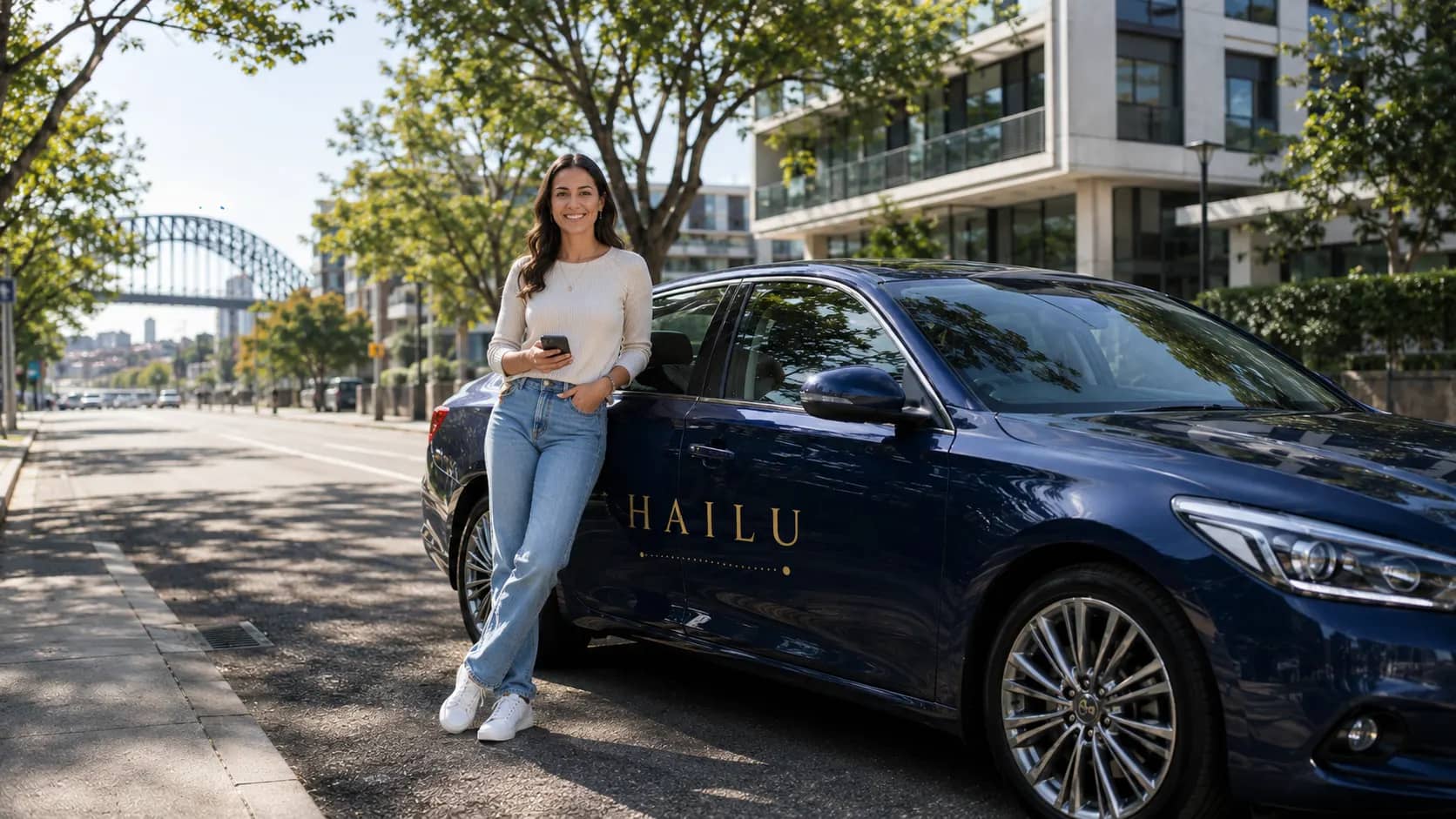 A HAILU driver standing beside her vehicle on a tree-lined Sydney street, with the Harbour Bridge in the background.