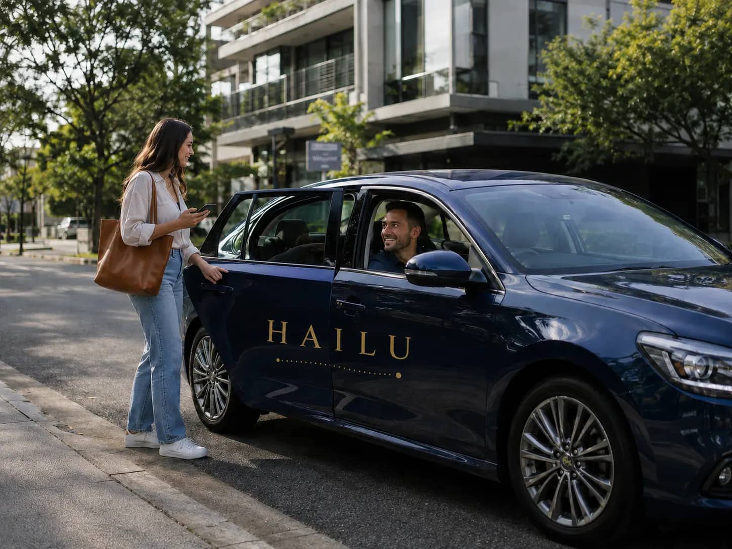 A HAILU rider being greeted by her driver as she arrives at the vehicle on a Sydney street.
