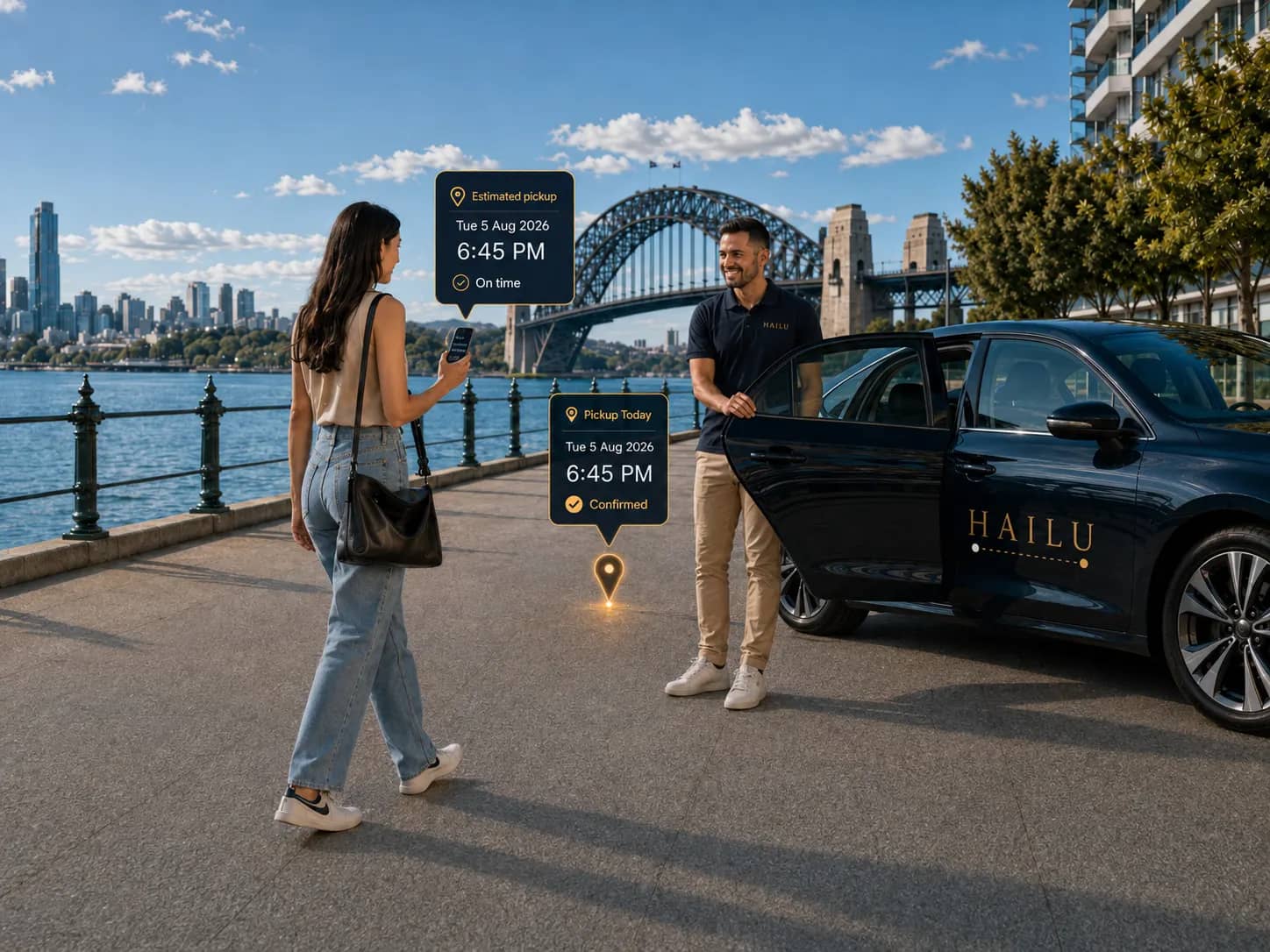 A HAILU driver opening the rear door of the vehicle for a rider walking up, with matching pickup-time confirmations shown and Sydney Harbour Bridge in the background.