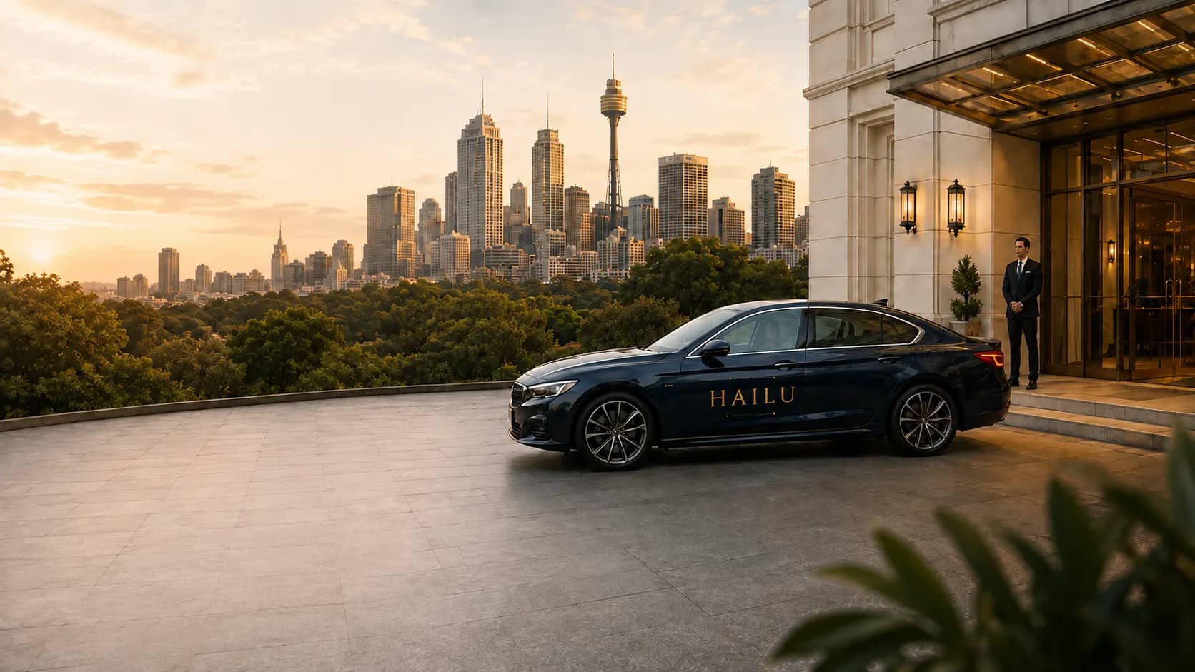 A HAILU vehicle arriving at a hotel entrance at dusk, with a doorman waiting at the door and the Sydney skyline in the background.